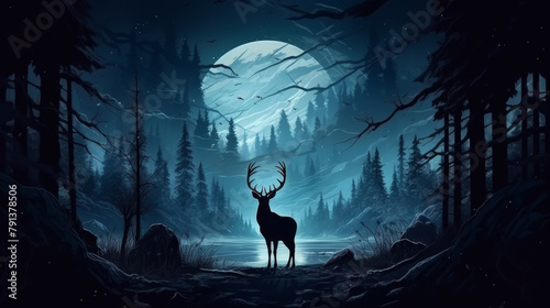deer stands in front of a large moon in a forest © kitti