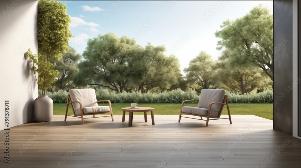 wooden deck with two chairs and a table