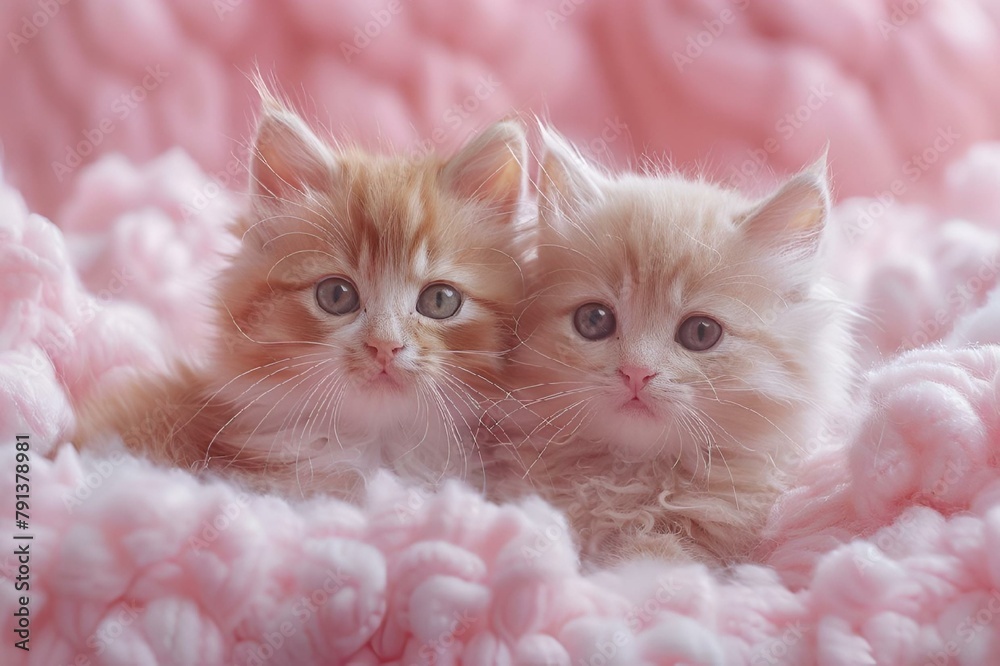 AI generated illustration of two fluffy cats relax on pink fuzzy blankets