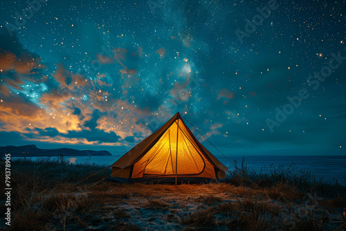 A nomad s tent pitched beneath a canopy of stars  where dreams roam freely under the open sky. Concept of wanderlust and freedom. Generative Ai.
