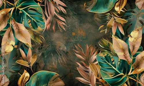 tropical seamless border luxury illustration exotic green beige brown pink golden leaves vintage mural 3d wallpaper dark watercolour texture floral background modern art wall paper, Generative AI