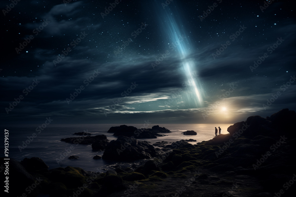 Beautiful night fantasy landscape with a meteorite in the sky