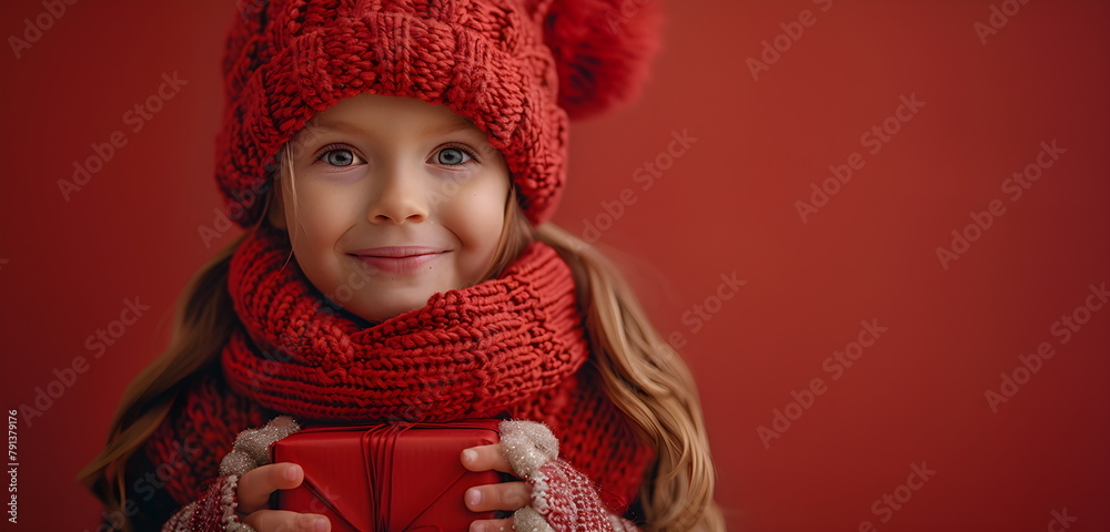 Little happy girl with a red gift on a red background. Christmas gifts concept. Banner for New Year's sales. Little happy girl with a red gift on a red background. Christmas gifts concept. Banner for New Year's sales.