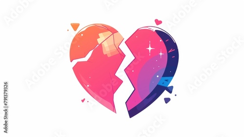 A simple yet eye catching icon of a broken heart patched up featuring a colorful sketch outlined by a dotted border on a clean white background photo
