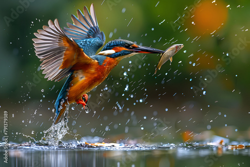 bird in flight,  Beautiful kingfisher catching fish image © a