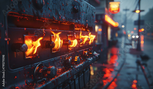 Glowing gas burner is seen on street corner at night in rainy city.