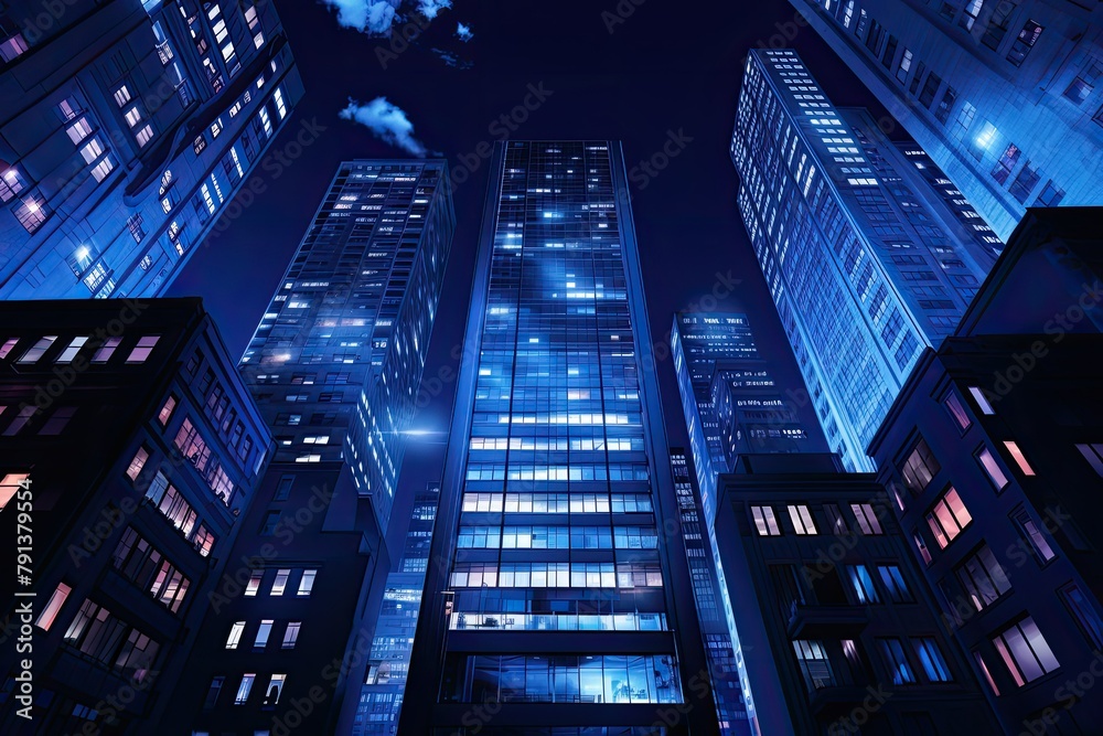 A group of towering buildings illuminated at night, creating a stunning cityscape and showcasing modern architecture. Generative AI