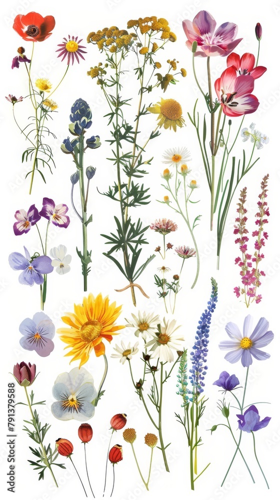 A vibrant selection of various pressed wild meadow flowers isolated on a white background, displaying a range of colors and details.