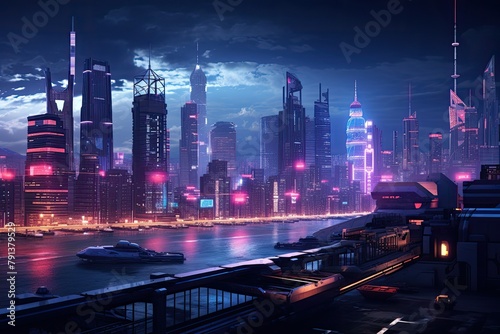 A sprawling cyberpunk night city with numerous towering buildings dominating the skyline. Generative AI