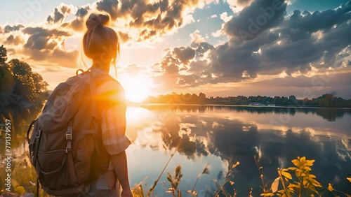 Young woman with backpack watching the sunset on the riverbank. The concept of adventure and travel. photo