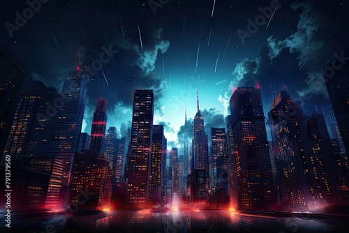 The lit skyline of a bustling city at night  showcasing high buildings and a multitude of glowing lights. Generative AI