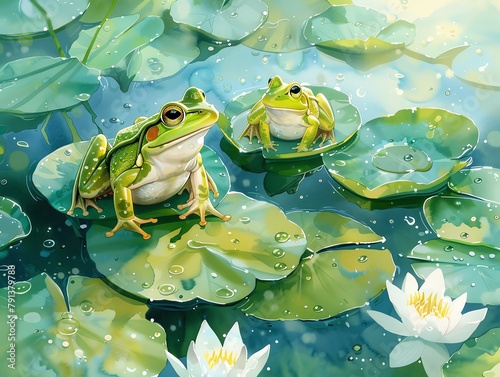 Bouncing Frogs , Bouncing frogs on lily pads in vibrant greens
