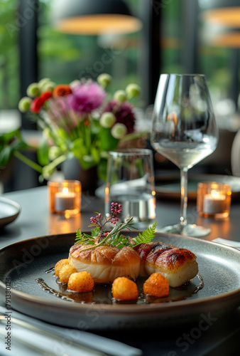 Grilled scallops and vegetables on plate