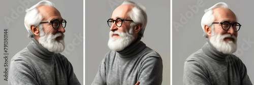 senior man with eyeglasses and beard character sheet, image split into 3, three different angles. man with white hair and glasses are smiling for the camera, is wearing a gray sweater and glasses © Nataliia_Trushchenko