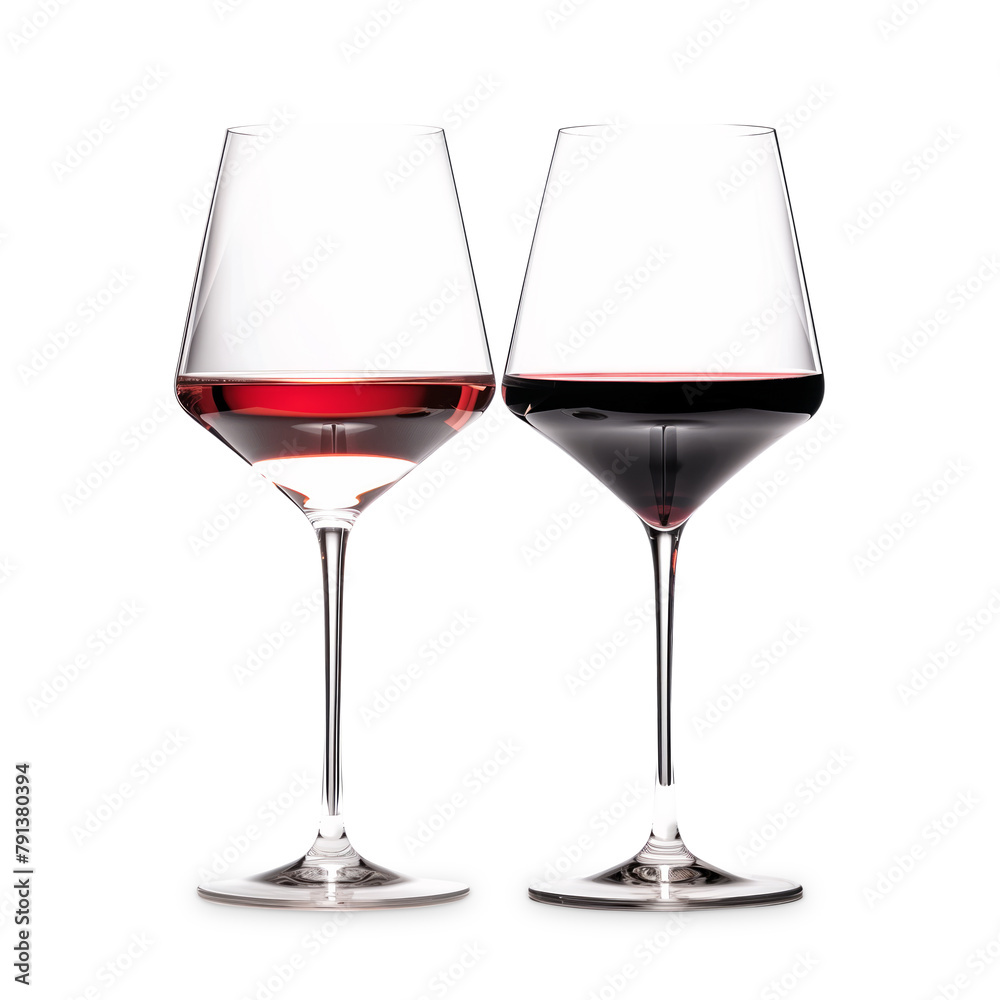 A couple red wine glasses isolated on white background. Rose wine splashing in glassware. A couple red wine glasses isolated on white background. Rose wine splashing in glassware.