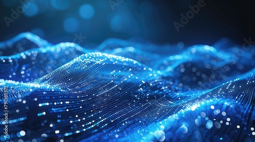 Beautiful abstract wave technology background with blue light, digital wave effect and business theme, Technology pattern abstract net lines with small dots on every line, style blue neon type
 photo
