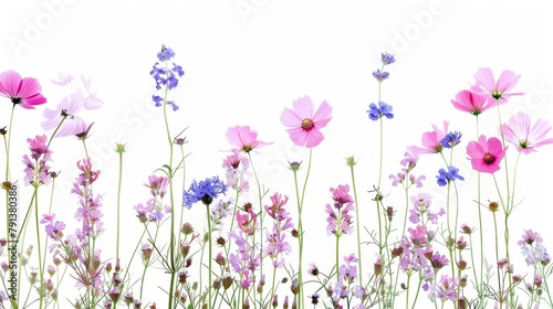 A vibrant selection of various pressed wild meadow flowers isolated on a white background, displaying a range of colors and details. photo