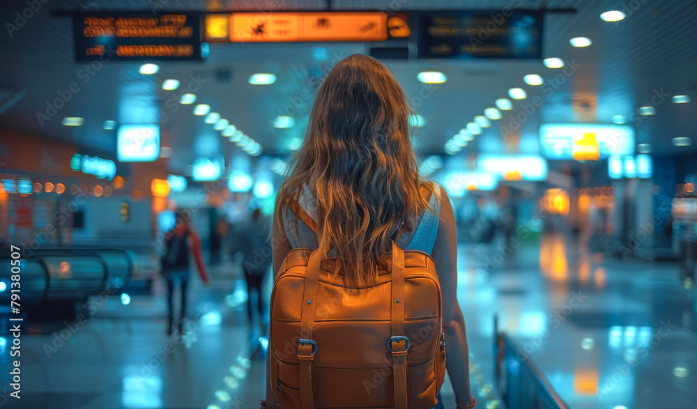 Woman is walking in the airport with backpack Woman is walking in the airport with backpack
