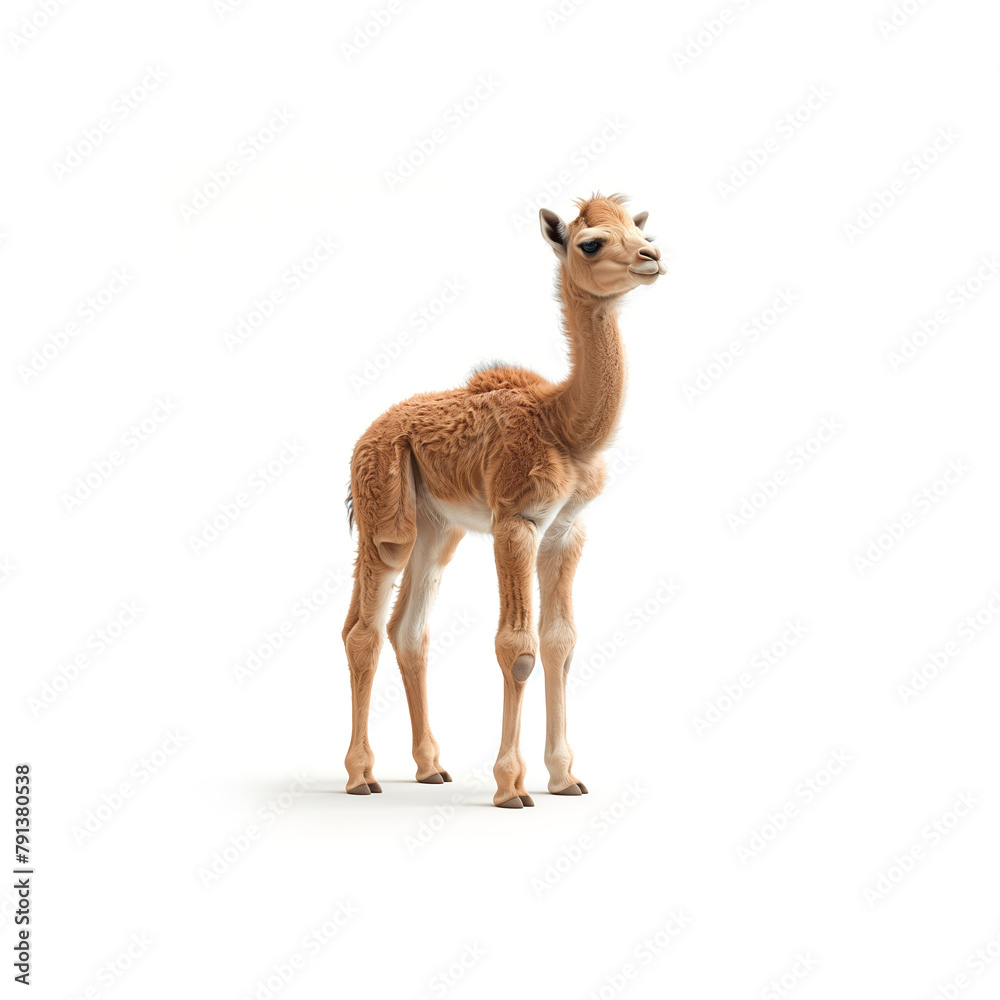 Small Brown and White Llama Standing on White Background. Generative AI