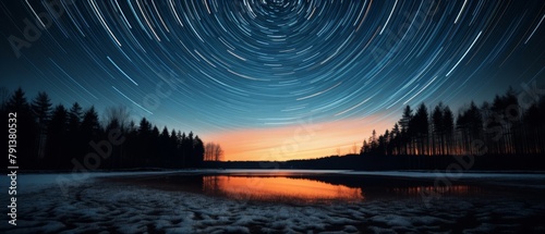 a long exposure photograph of the night sky with a lake in the foreground photo