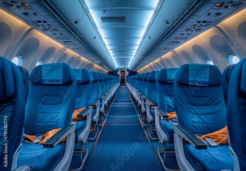 Empty seats in the cabin of the modern passenger airplane photo