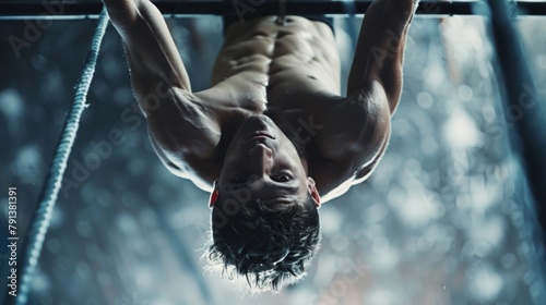 The rippling muscles of a male gymnast as they powerfully flip and twist on the high bar. . photo