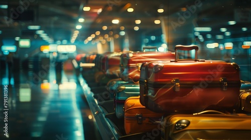 Cinematic shot of a luggage carousel at the airport, with suitcases illuminated by dramatic lighting, evoking a sense of anticipation and travel world of travel and adventure