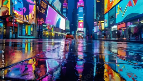 New York's Times Square glistening with vivid neon signs. People come and go as car lights pass by. An iconic scene of the pop and energetic modern city. 