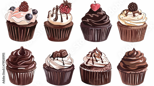 Hand drawn dessert chocolate cupcakes or muffins vect