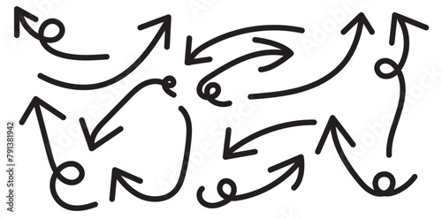 arrow hand drawn whiteboard marker pen black vector set. highlighter arrow sign isolated on white background