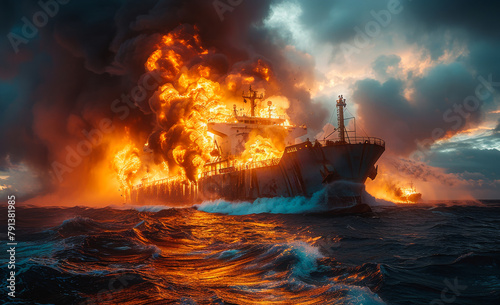 Oil tanker on fire in the sea at night. The ship in fire