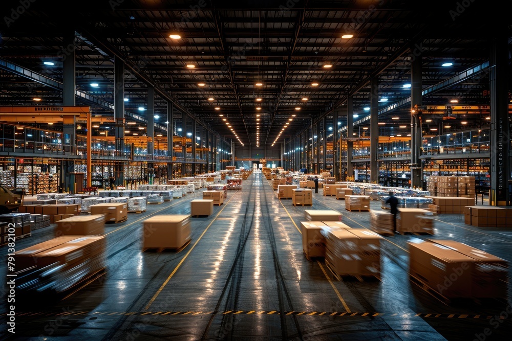 a busy warehouse with workers, highspeed motion blur of workers in warehouse