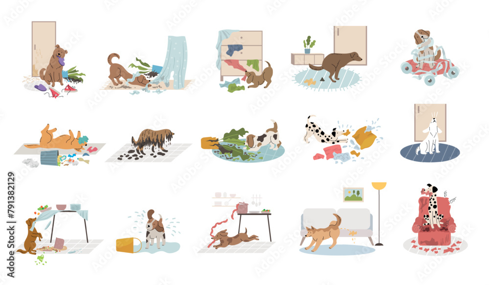Pets making mess. Domestic dogs destroying home in interior room recent vector dogs bad bullying behavior