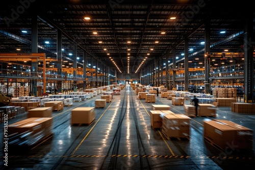 a busy warehouse with workers, highspeed motion blur of workers in warehouse photo