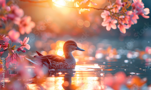 Beautiful pink flowers of sakura and duck in the lake in spring photo