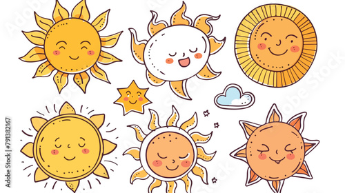 Hand drawn flat cute sun doodle illustration. Kawaii