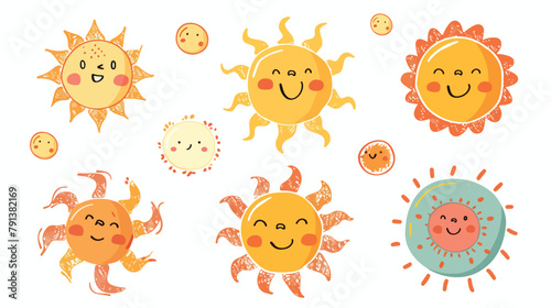 Hand drawn flat cute sun doodle illustration. Kawaii