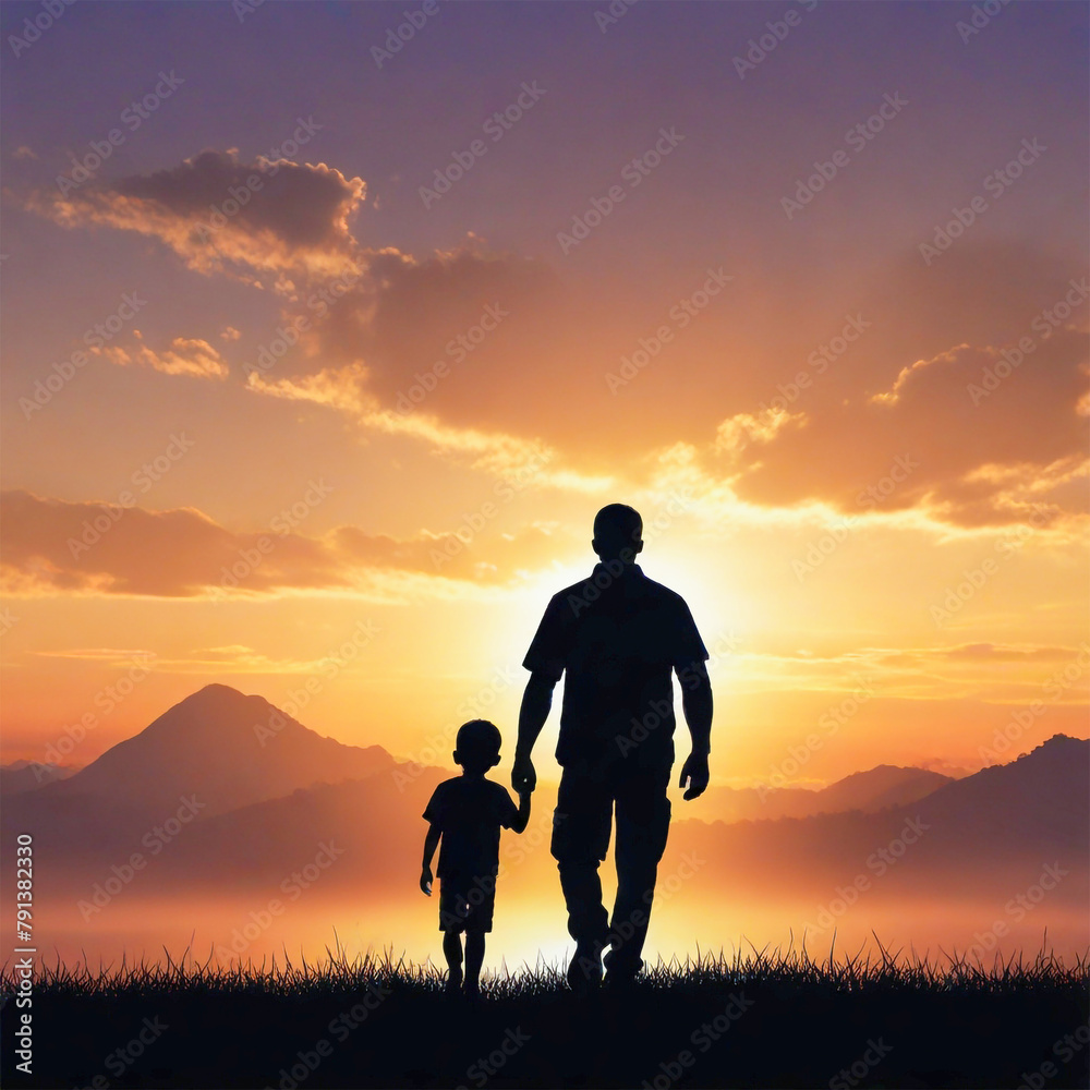Happy Father's Day with dad and children silhouettes