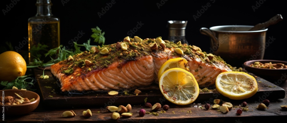 A delicious and healthy meal of grilled salmon with lemon and pistachios.