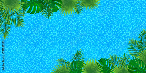 Exotic coast line vector illustration. Water surface background. Summer rainforest wallpaper. watery and amazon tropical leaves and plants backgdrop for spa, relax, aquatic center, travel designs.