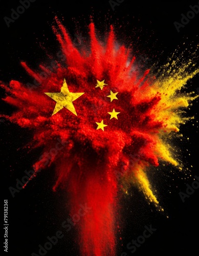 China colorful flag holi paint powder explosion on isolated background, generated by AI