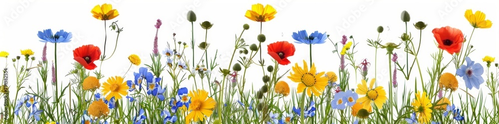 Fototapeta premium A diverse and vibrant display of meadow flowers isolated on a white background, featuring various species in full bloom, perfect for spring and summer themes.