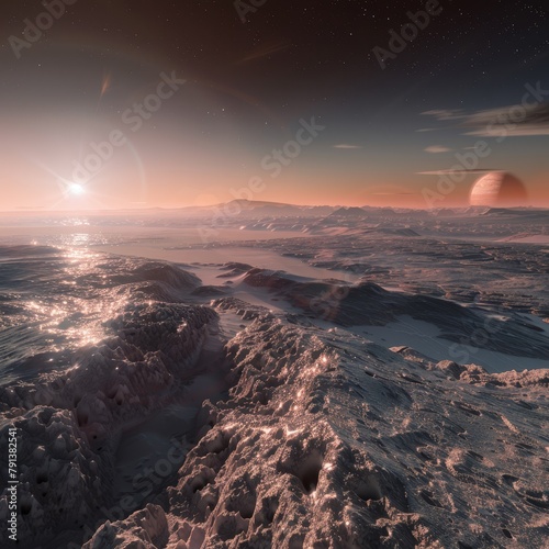 A sunset view on Pluto, with the sun's light softly illuminating its icy mountains and nitrogen ice plains. 