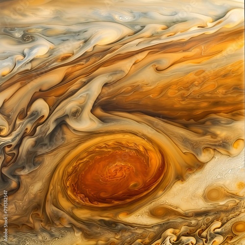 Jupiter's Great Red Spot, a massive storm, swirling with turbulent clouds and winds. 