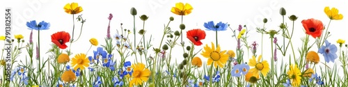 A diverse and vibrant display of meadow flowers isolated on a white background, featuring various species in full bloom, perfect for spring and summer themes.