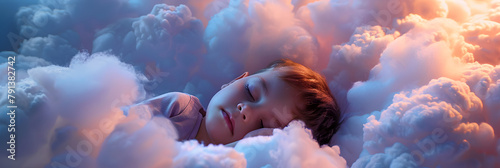 Small Child Sleeping in Heavenly Clouds, A Small Child's Dreamy Journey, Nestled in Heavenly Clouds, Sunlit and Fluffy, Floating into the Depths of Dreamland     
  photo