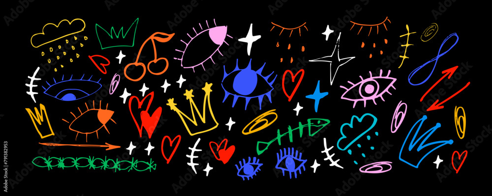 Multi colored hand drawn abstract scribble doodle. Abstract arrows, ribbons, crowns, hearts, eyes and other elements in hand drawn style for concept design. Doodle illustration. Vector template for de Multi colored hand drawn abstract scribble doodle. Abstract arrows, ribbons, crowns, hearts, eyes and other elements in hand drawn style for concept design. Doodle illustration. Vector template for de