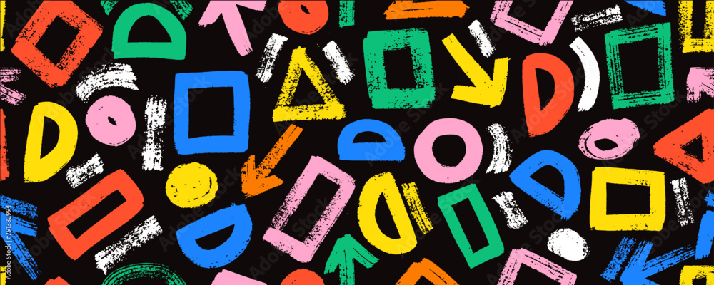 Seamless pattern with basic brush drawn geometric shapes. Black background with geometric figures like circles, triangles, squares and wavy lines. Abstract vector seamless pattern. Seamless pattern with basic brush drawn geometric shapes. Black background with geometric figures like circles, triangles, squares and wavy lines. Abstract vector seamless pattern.
