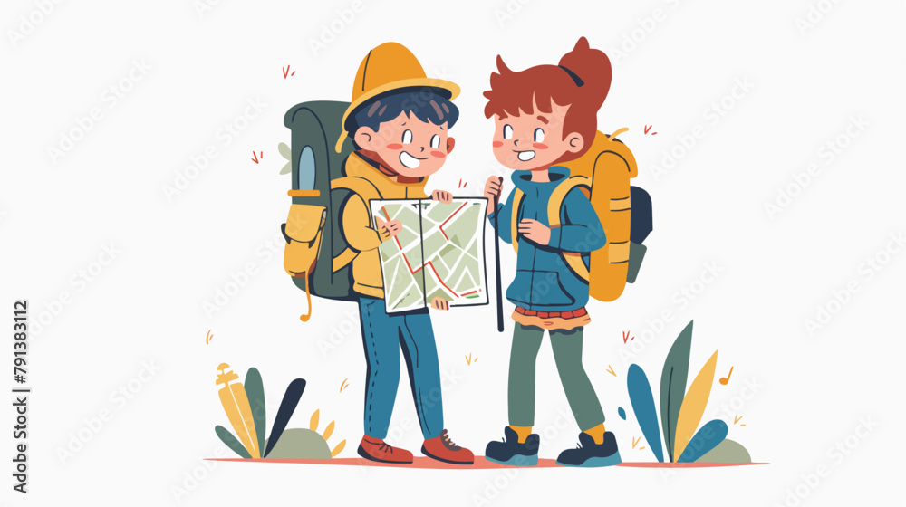 Childrens adventure concept. Cute kids walking hiking