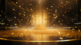 The stage with falling golden confetti creates a celebratory atmosphere